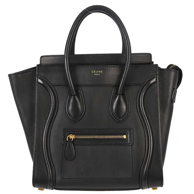 Celine Black Luggage Micro Tote Handbag in Black Leather from AMORE Vintage Tokyo