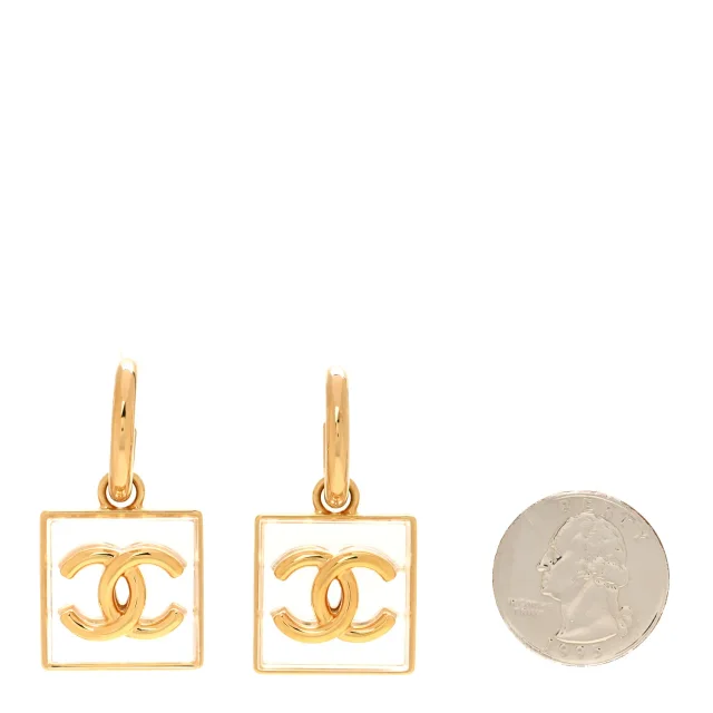 Chanel Metal Resin CC Square Drop Earrings Gold Transparent in Gold Resin from FASHIONPHILE, photo 2 of 5