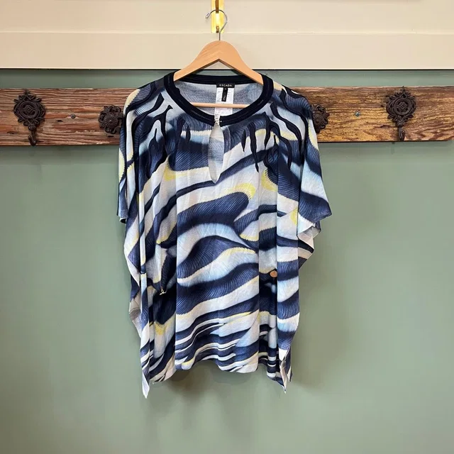 Escada Shenja Blue Abstract Print Wool Silk Knit Poncho Top Size S Made In Italy in blue|yellow Silk from Poshmark