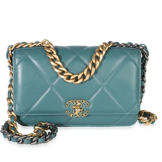 Dark Green Quilted Lambskin Chanel 19 Wallet On Chain in Green Lambskin from myGemma