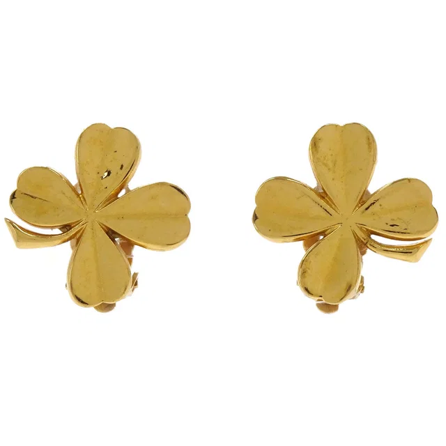 Chanel Clover Gold Clip-On Earrings 93A in Gold from AMORE Vintage Tokyo