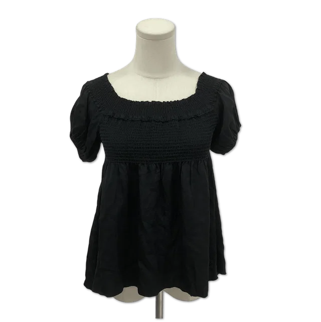 Chanel Black Smocked Square-Neck Short-Sleeve Blouse Top size 36 in Black from Luxury Promise