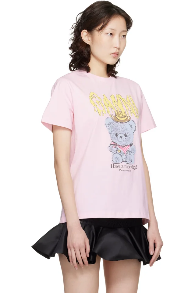 GANNI Pink Basic Cotton Jersey Cowboy Bear Print T-shirt, photo 2 of 4 from SSENSE