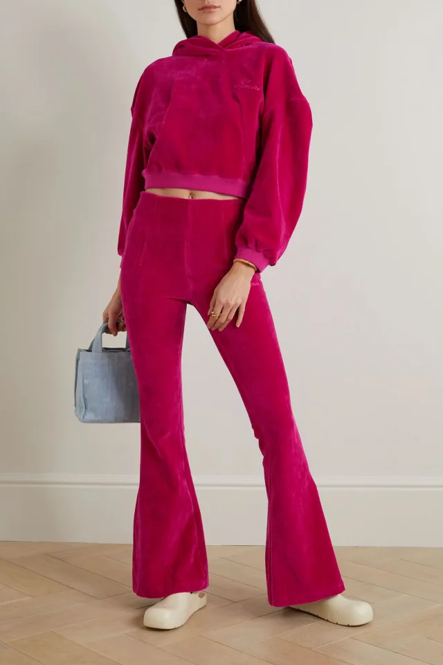 Amiri Stretch Cotton-Blend Velour Flared Leggings in Fuchsia, photo 2 of 4 from THE OUTNET
