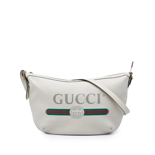 White Gucci Grained Calfskin Logo Half Moon Crossbody in White Caviar leather from Designer Revival
