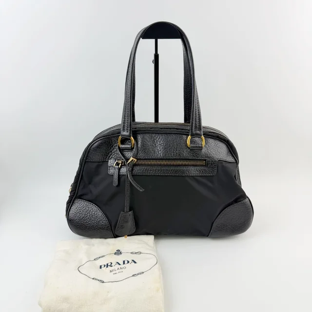 Prada Bowling Triangle Logo Leather Trim Shoulder Bag Nylon Black Gold Vintage in Black Nylon from The Reluxe