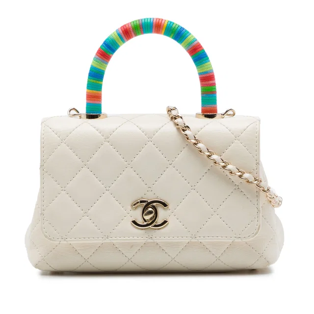 White Chanel Extra Mini Quilted Goatskin Rainbow Top Handle Flap Satchel in White Goatskin from Designer Revival