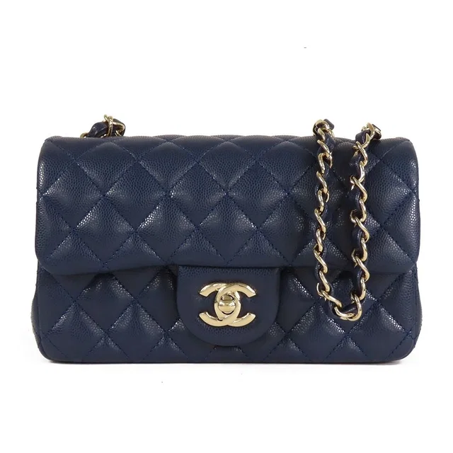 Chanel Mini Quilted Navy Gold Caviar Leather Chain Shoulder Bag 20 in Navy Caviar leather from The Reluxe
