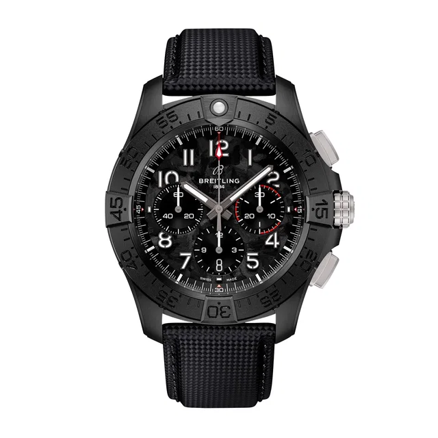 Breitling Avenger B01 Chronograph 44mm Night Mission Mens Watch Black in black Leather from WatchesOfSwitzerland