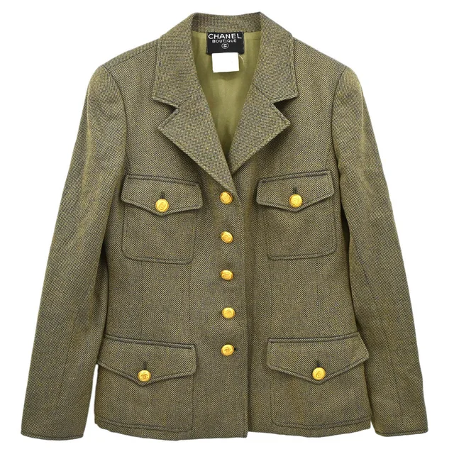 Chanel 1996 Single Breasted Tweed Jacket Khaki #42 in Green Tweed from AMORE Vintage Tokyo