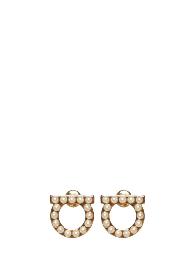 Ferragamo Pearl-Embellished Stud Earrings — Gold Plexiglass in Gold Resin from HEWI
