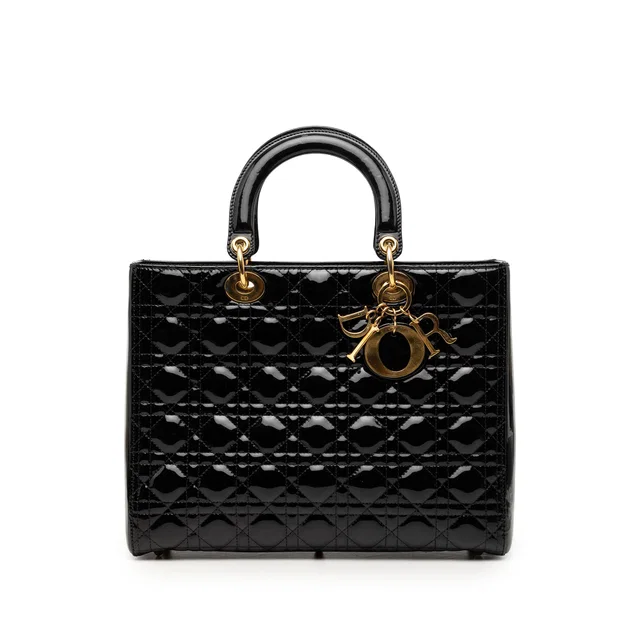 Black Dior Large Patent Cannage Lady Dior Satchel in Black Patent leather from Designer Revival