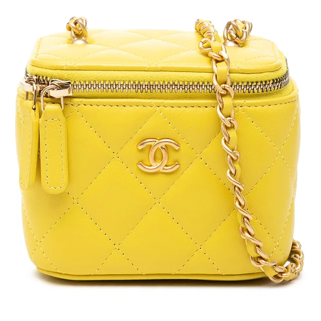 Yellow Chanel Mini CC Quilted Lambskin Vanity Case With Chain Crossbody Bag in Yellow Lambskin from Designer Revival