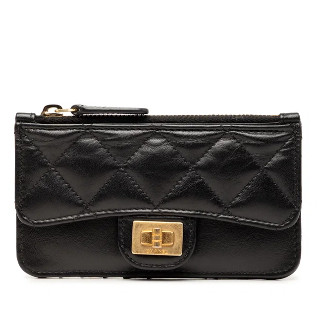 Black Chanel Quilted Aged Calfskin Reissue 2.55 Flap Card Holder in Black Calfskin from Designer Revival