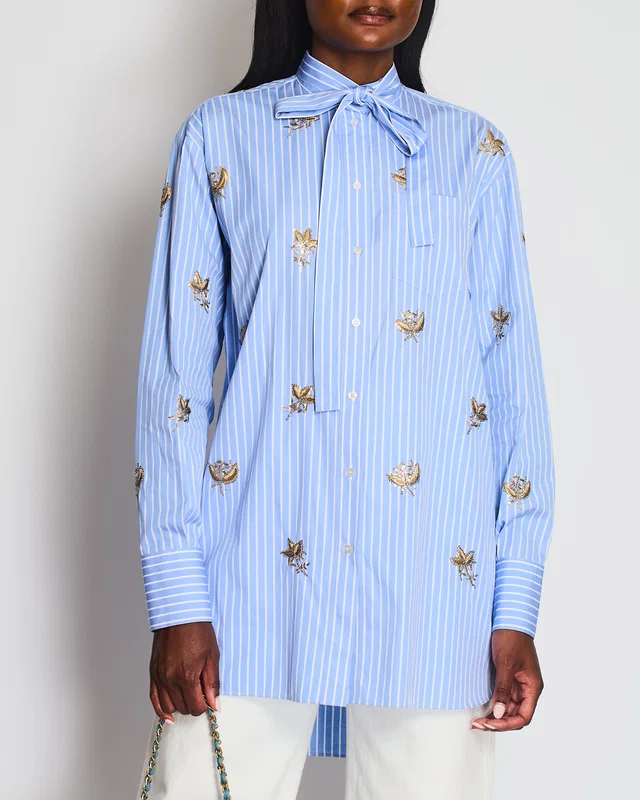 Valentino Garavani Blue Striped Oversized Shirt With Gold Floral Embroideries and Tie Neckline Details Size IT 42… in Blue from Sellier