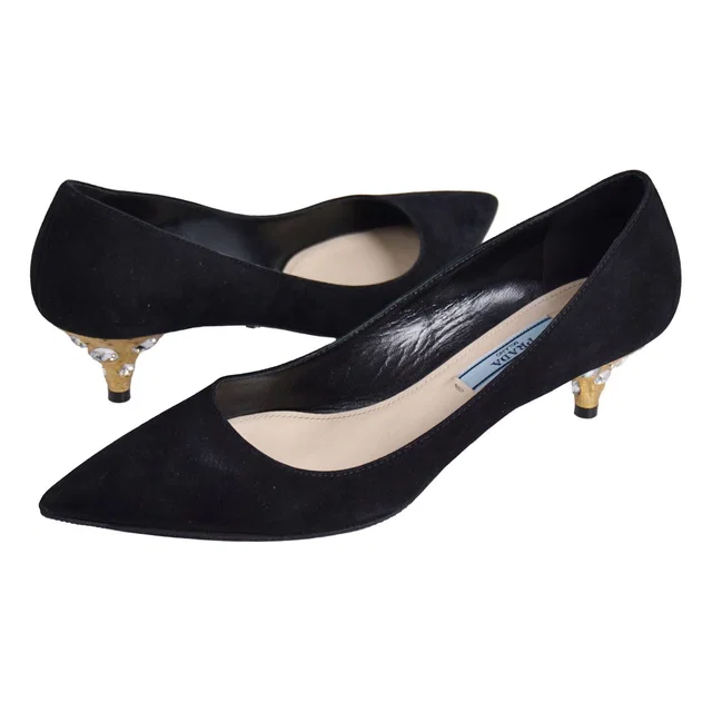 Prada Pumps Bijou Decoration Heels Shoes Suede Black in Black Suede from The Reluxe