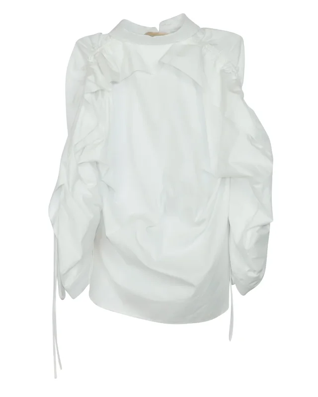 Antonio Berardi Oversized Ruffled Ruched Shirt in White Cotton in white, photo 4 of 6 from ShopSimon