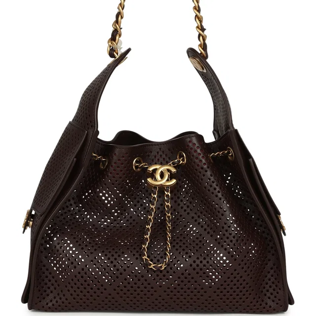 Chanel Small 25 Hobo Bag Dark Brown Perforated Calfskin Antique Gold Hardware in Brown Calfskin from Madison Avenue Couture