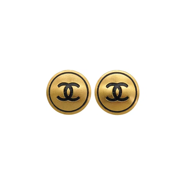 Chanel Vintage Earrings Round Cocomark Gold Black Accessory 93A in Black from Luxury Promise