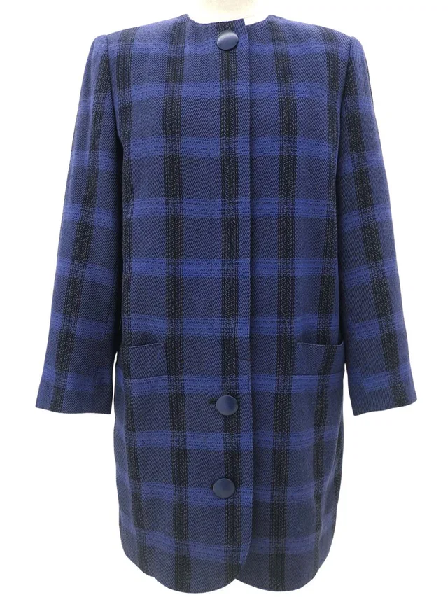 Dior Plaid Collarless Jacket #7 Blue/Black in Black Wool from VINTAGE QOO TOKYO