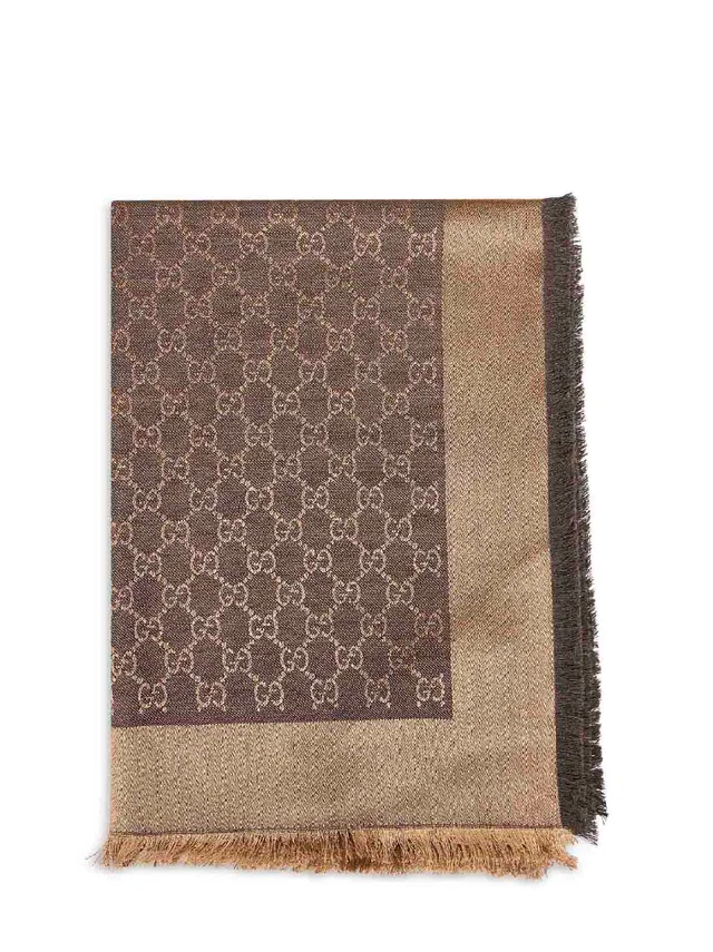 Gucci Jacquard Gg Silk-Wool Shawl — Brown Shawls in Brown Silk from HEWI