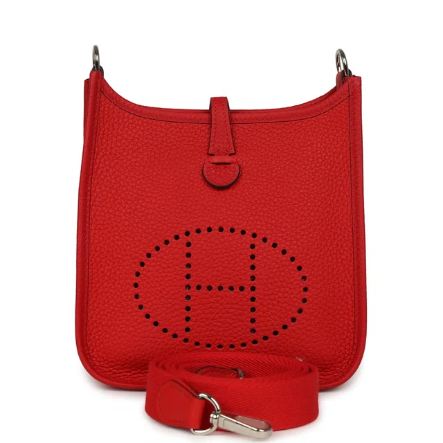 Hermès Evelyne TPM Rouge De Coeur Clemence Palladium Hardware in Red Clemence leather from Madison Avenue Couture