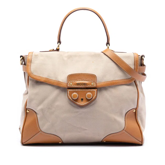 Beige Prada Cinghiale Trimmed Canapa Top Handle Bag Satchel in Beige Canvas from Designer Revival