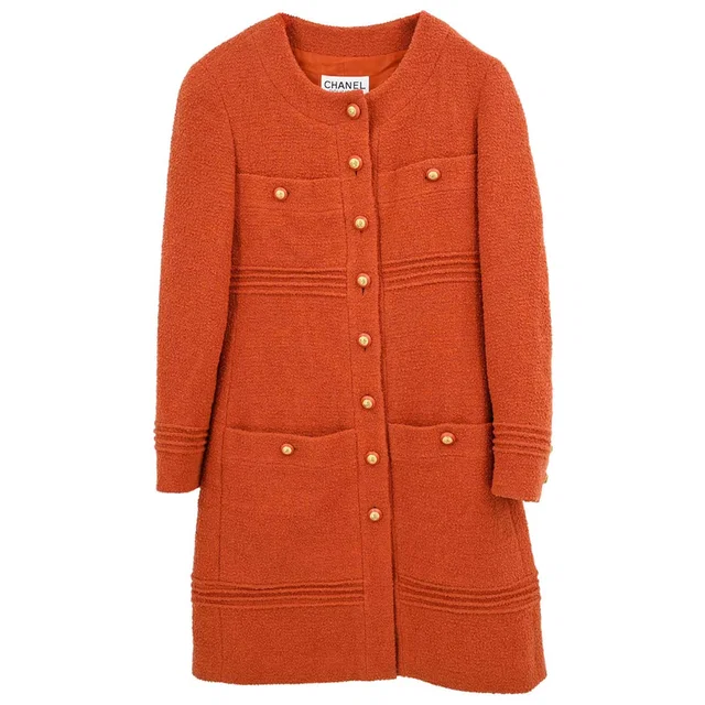 Chanel 1993 Collarless Coat Orange #34 in Orange Wool from AMORE Vintage Tokyo