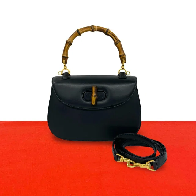 Gucci Vintage Bamboo Leather 2-Way Shoulder Bag Navy in Navy Leather from The Reluxe