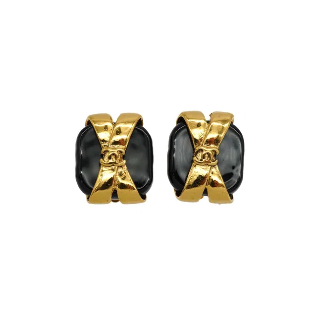Chanel Vintage Earrings Cocomark Black Stone Gold Accessory 94P in Black from Luxury Promise