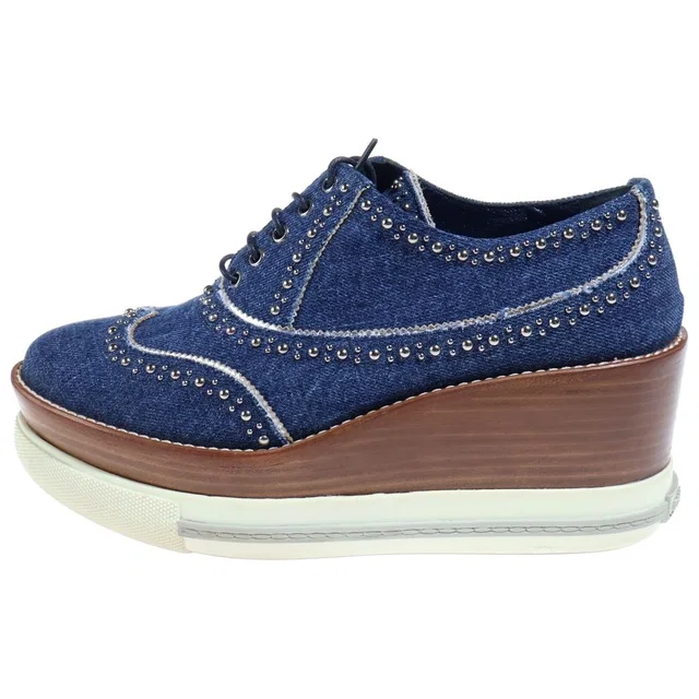 Miu Miu Studded Decoration Wood Sole Heels Denim Platform Sneakers Indigo in Denim from The Reluxe