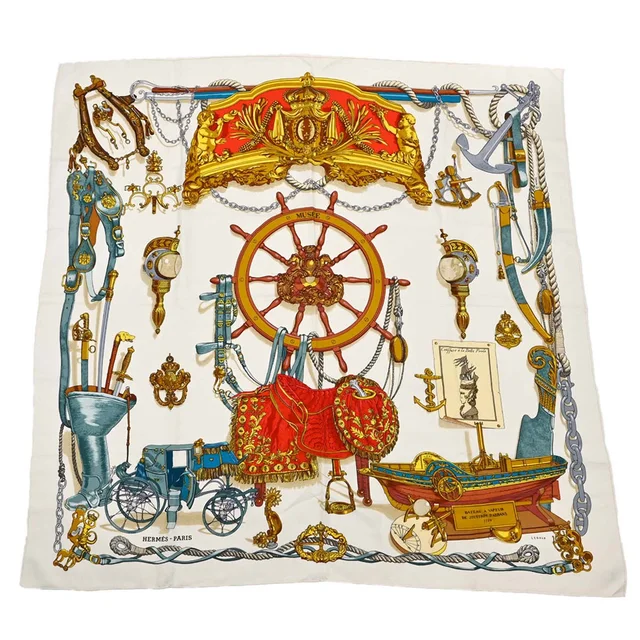 Hermès Scarf Carre 90 Musee White Small Good in White Silk from AMORE Vintage Tokyo