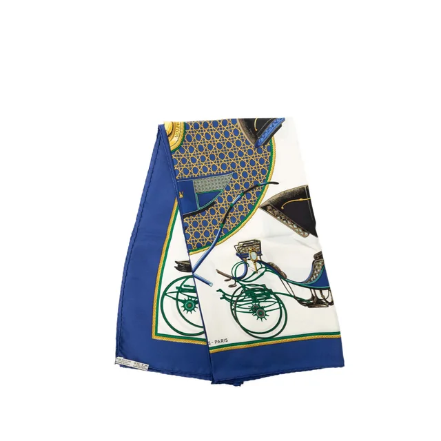 Blue Hermès Les Voitures a Transformation Silk Scarf 90 Scarves in Blue Silk from Designer Revival