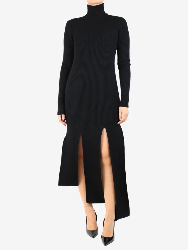 Bottega Veneta Black ribbed high-neck midi dress - size S in Black Wool from Sign of the Times