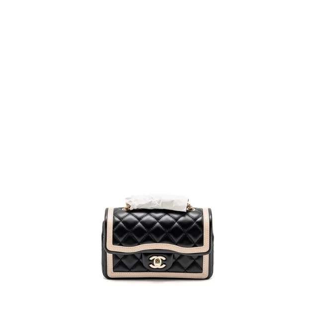 Chanel 23B Quilted Mini Rectangular Flap Bag Lambskin Black/Beige LGHW (Microchip) in Black Lambskin from EMIER