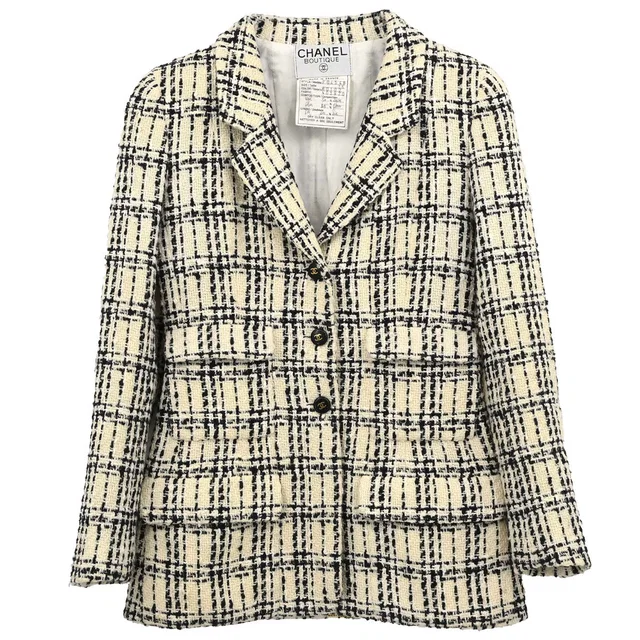 Chanel 1995 Single Breasted Tweed Check Jacket Ivory #36 in White Tweed from AMORE Vintage Tokyo