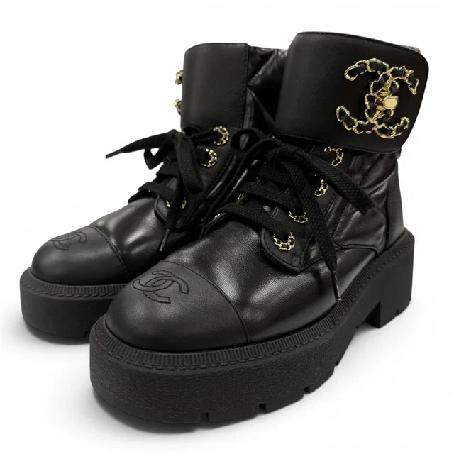Chanel Quilted Chain CC Logo Turnlock Leather Short Boots Black 34 in Black Leather from The Reluxe