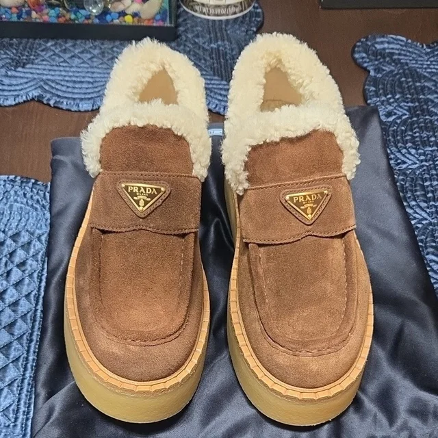 Prada Brown Suede Shearling-Lined Loafers in brown|red Suede from Poshmark