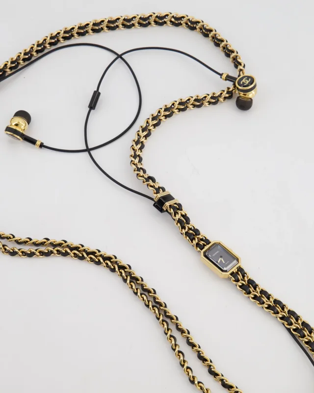 Chanel Premiere Sound Black and Gold Earphones and Watch Chain Necklace Set in Black Leather from Sellier, photo 2 of 9