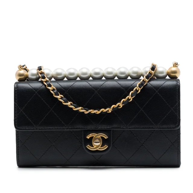 Black Chanel Quilted Goatskin Chic Pearls Clutch with Chain Crossbody Bag in Black Goatskin from Designer Revival