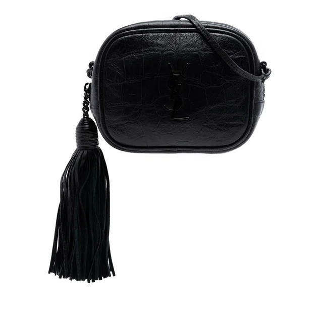 Black Saint Laurent Mini Croc Embossed Leather Blogger Camera Bag in Black Crocodile from Designer Revival