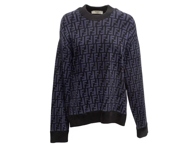 Black & Navy Fendi Intarsia Zucca Knit Sweater Size IT 38 in Black from Designer Revival