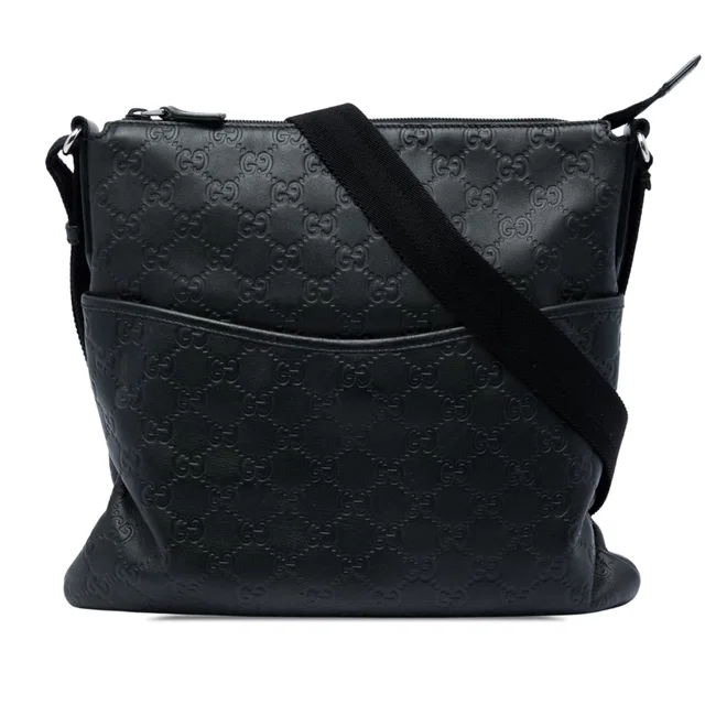 Black Gucci Guccissima Flat Messenger Bag in Black Leather from Designer Revival