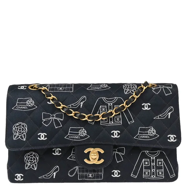 Chanel 2002-2003 Navy Canvas Icon Medium Classic Double Flap Shoulder Bag in Navy Canvas from AMORE Vintage Tokyo