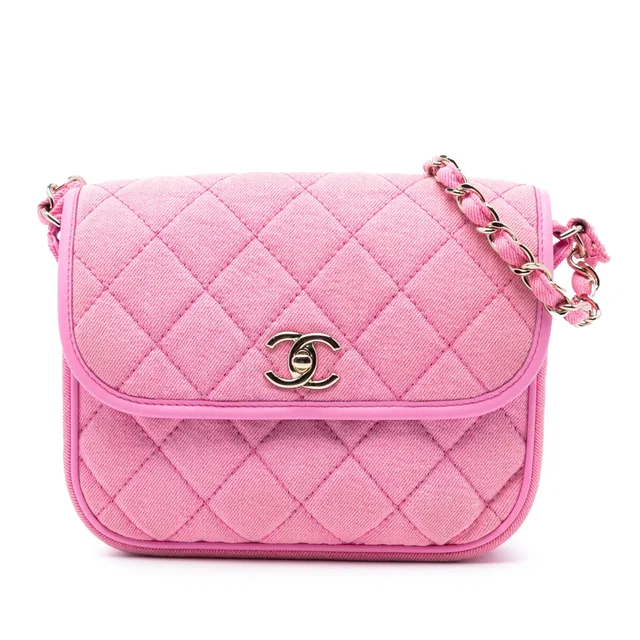 Pink Chanel Small CC Quilted Denim Messenger Flap Crossbody Bag in Pink Denim from Designer Revival