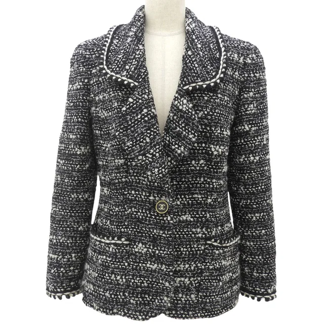 Chanel 1994 Tweed CC Mark Button Jacket #38 Black/White in Black Tweed from VINTAGE QOO TOKYO