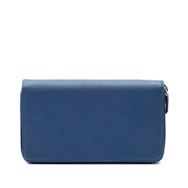 Blue Prada Saffiano Double Zip Long Wallet in Blue Saffiano leather from Designer Revival