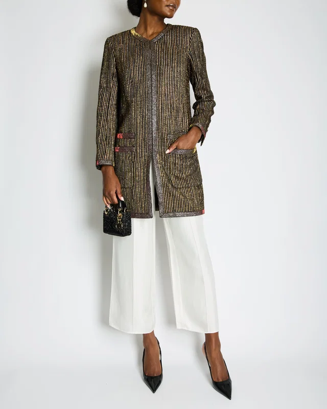 Chanel 10C Cruise Black, Red and Gold Tweed Longline Jacket with Metallic Trim Detail FR 40 (UK 12) in Black Tweed from Sellier