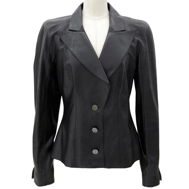 Chanel 2002-era Leather CC Mark Button Waist-Shaped Jacket #40 Black in Black Leather from VINTAGE QOO TOKYO