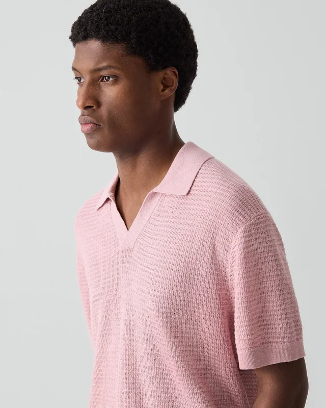 Theory Brenan Polo Shirt in Pacific Linen in CHALK PINK 65% Linen, 23% Cotton, 12% Polyester; Exclusive Of Elastic, photo 12 of 14 from Theory